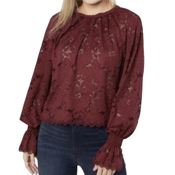 Free People Tops - Free People Olivia Wine Lace Blouse SMALL Sheer Long Sleeves Boho Romantic